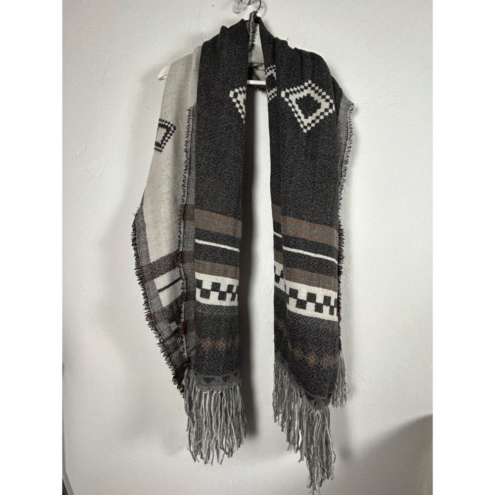 Community 100% Wool Fringe Scarf Tribal Pattern Gray Brown 74x26 Warm Cozy Boho